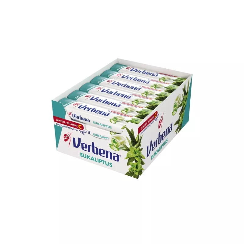 CUKIERKI VERBENA Z MENTOLEM i EUKALIPTUSEM 32G x 24 sztuki CUKIERKI VERBENA Z MENTOLEM i EUKALIPTUSEM 32G x 24 sztuki