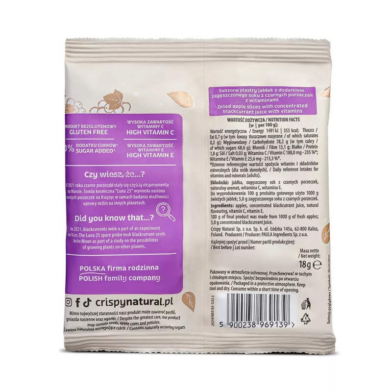 Crispy Natural suszone jabłko - porzeczkowe 100% 18g x 24 sztuki Crispy Natural suszone jabłko - porzeczkowe 100% 18g x 24 sztuki