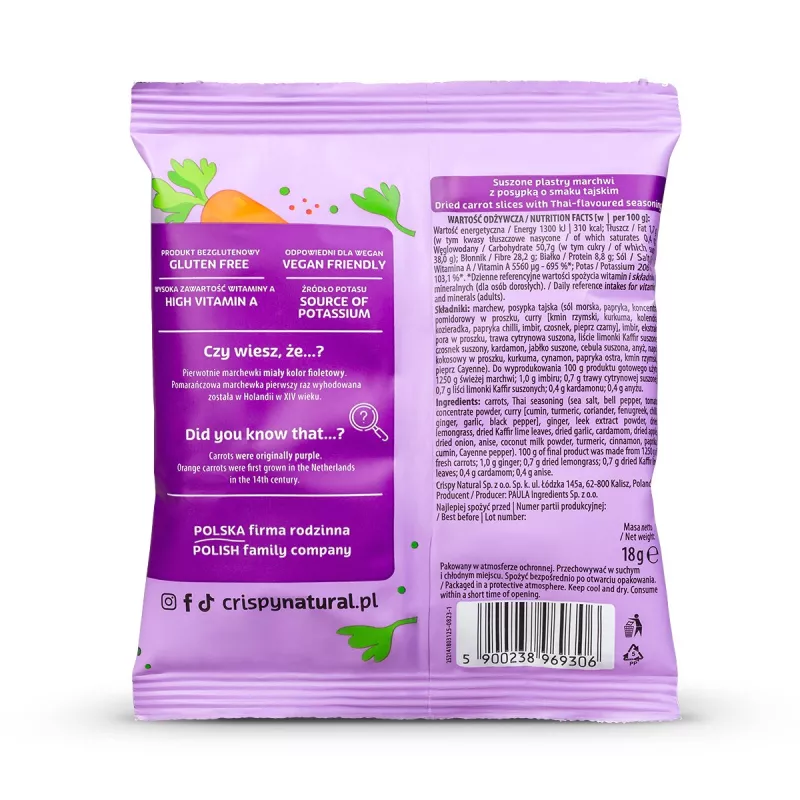 Crispy Natura marchew tajska suszona 100% 18g x 24 sztuki Crispy Natura marchew tajska suszona 100% 18g x 24 sztuki