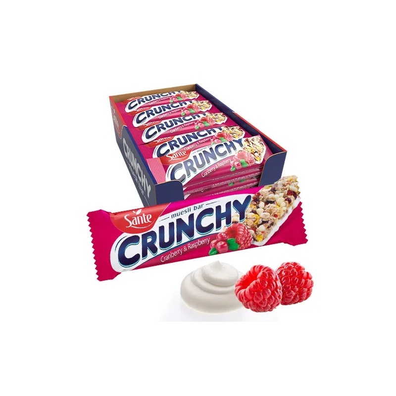 Sante Baton Crunchy z żurawiną i maliną podlany polewą waniliową 40g x 25 sztuk Sante Baton Crunchy z żurawiną i maliną podlany polewą waniliową 40g x 25 sztuk